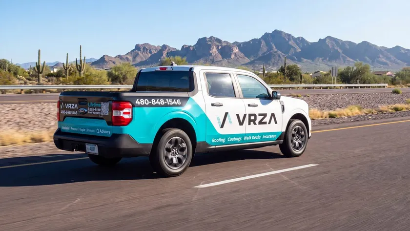 VRZA roofing truck on the road in Queen Creek