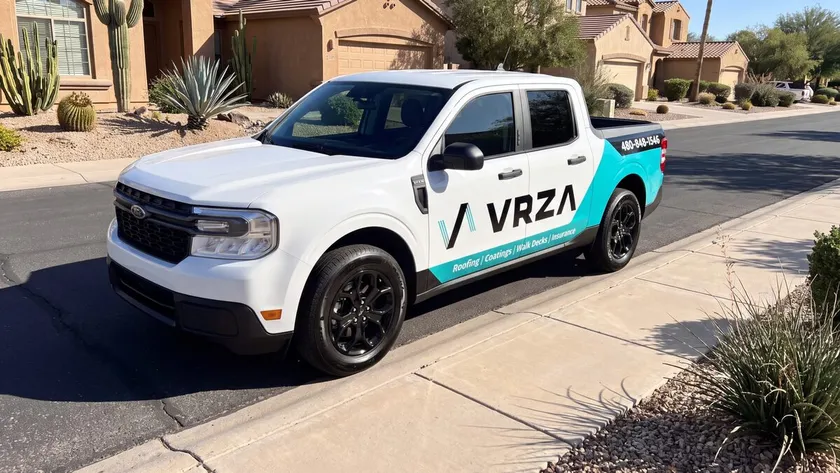 VRZA roofing truck parked in front of a Phoenix Valley home